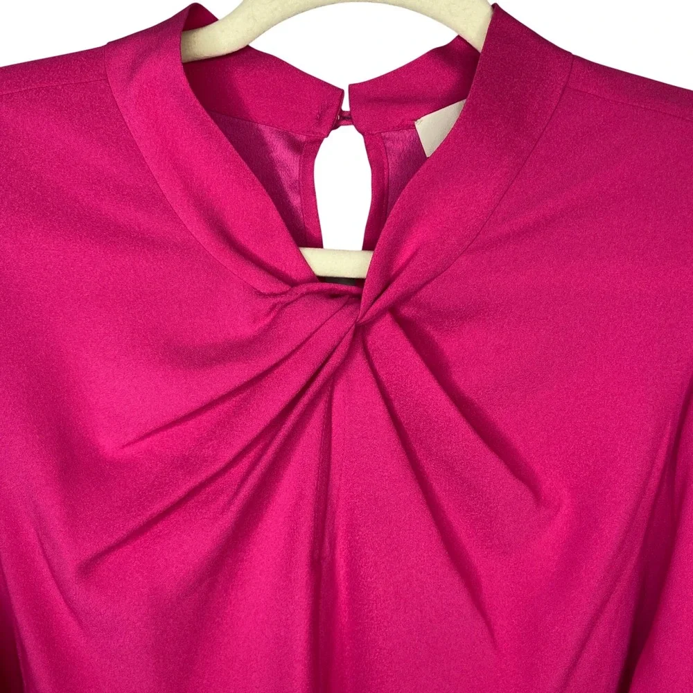 LOFT Magenta Pink Twist Front Puff Sleeve Blouse Medium Mock Neck Keyhole Blouse